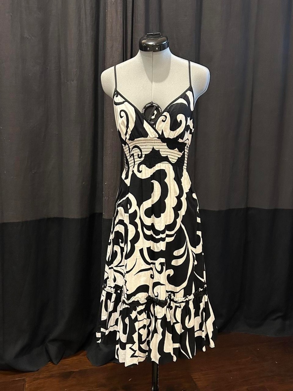 Vintage BEBE Black & White Printed Spaghetti-Strap Dress
